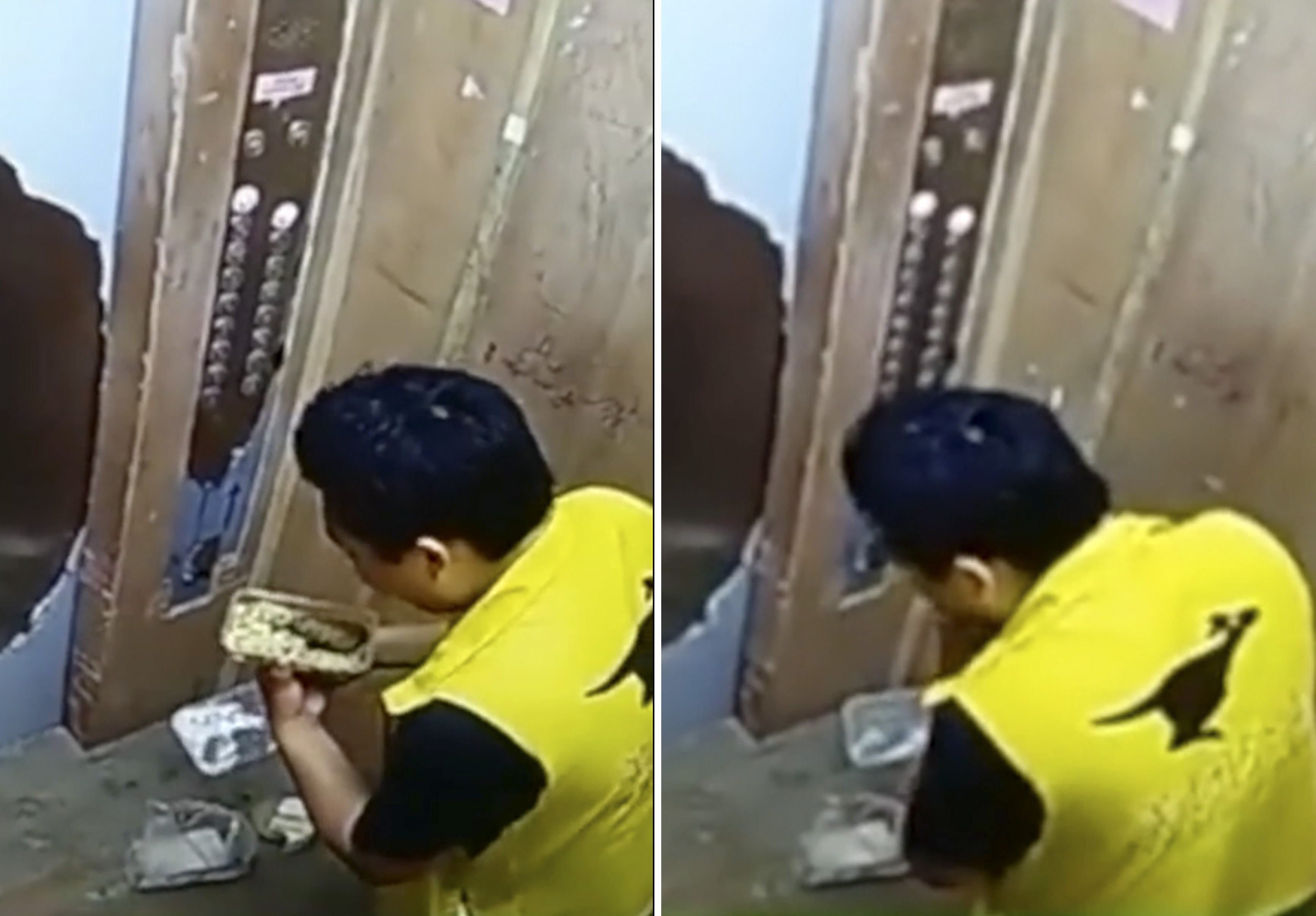 The delivery man was filmed on CCTV eating in the lift. Photo: ifeng.com