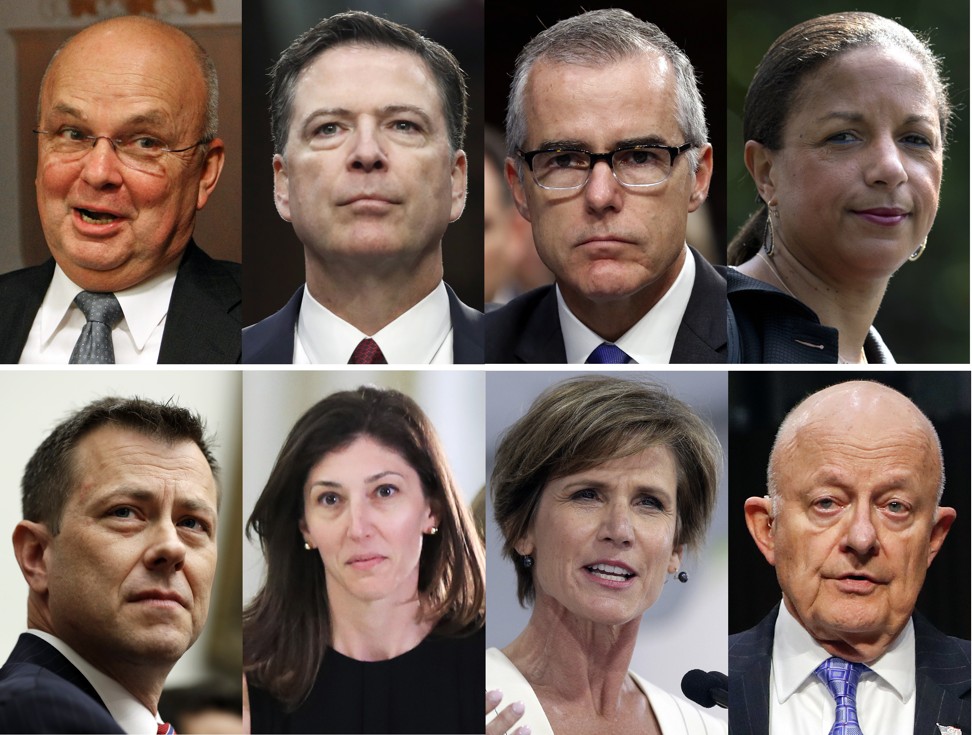 Top row from left: former CIA Director Michael Hayden; former FBI Director James Comey; former deputy FBI director Andrew McCabe and former national security adviser Susan Rice. Bottom row from left: former FBI special agent Peter Strzok; former FBI lawyer Lisa Page; former acting Attorney General Sally Yates and former National Intelligence Director James Clapper. President Trump says he is reviewing security clearances for these individuals, as well as current Justice Department official Bruce Ohr. Photos: AP