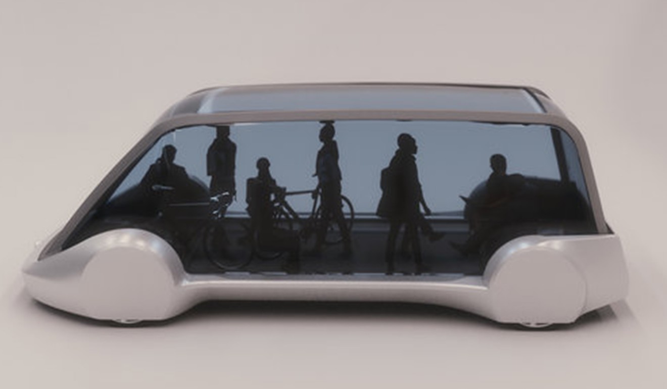 A miniature mock-up of the electric public transport vehicles that Elon Musk plans to use to populate high-speed underground transport systems. Photo: Boring Co.