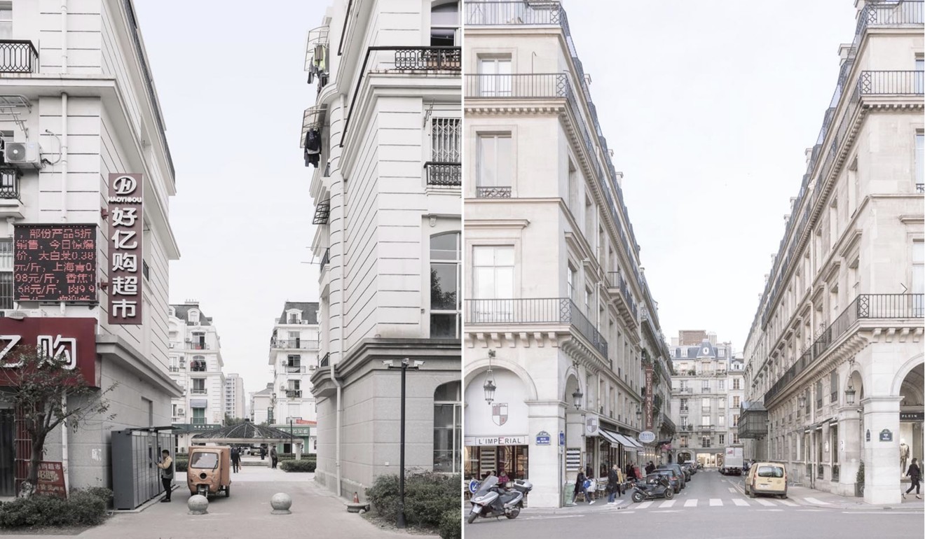 A copy of a Parisian block of flats in the Tianducheng neighbourhood (left) and an actual block of flats in Paris. Photos: Francois Prost