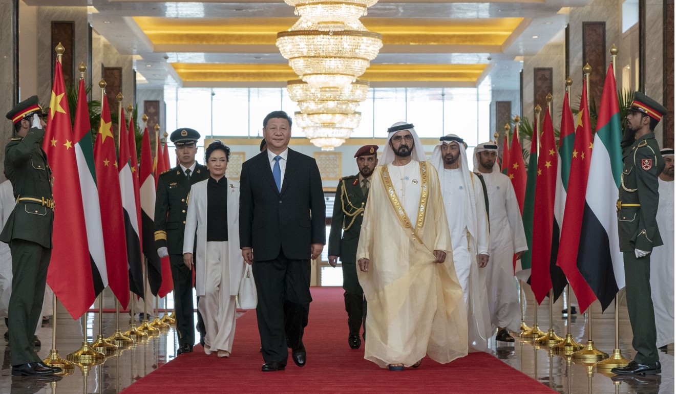 Chinese President Xi Jinping (front left) is received by Sheikh Mohammed bin Rashid Al Maktoum (front right), vice-president and prime minister of the United Arab Emirates and ruler of Dubai, on July 19. Photo: WAM via AP