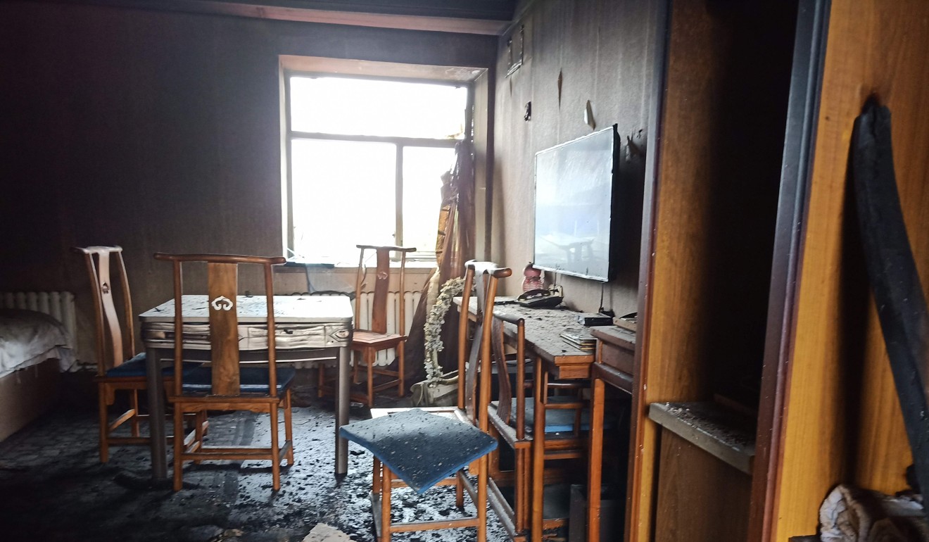 A damaged room after fire spread through the hotel in Harbin, in China’s northeast. Photo: AFP