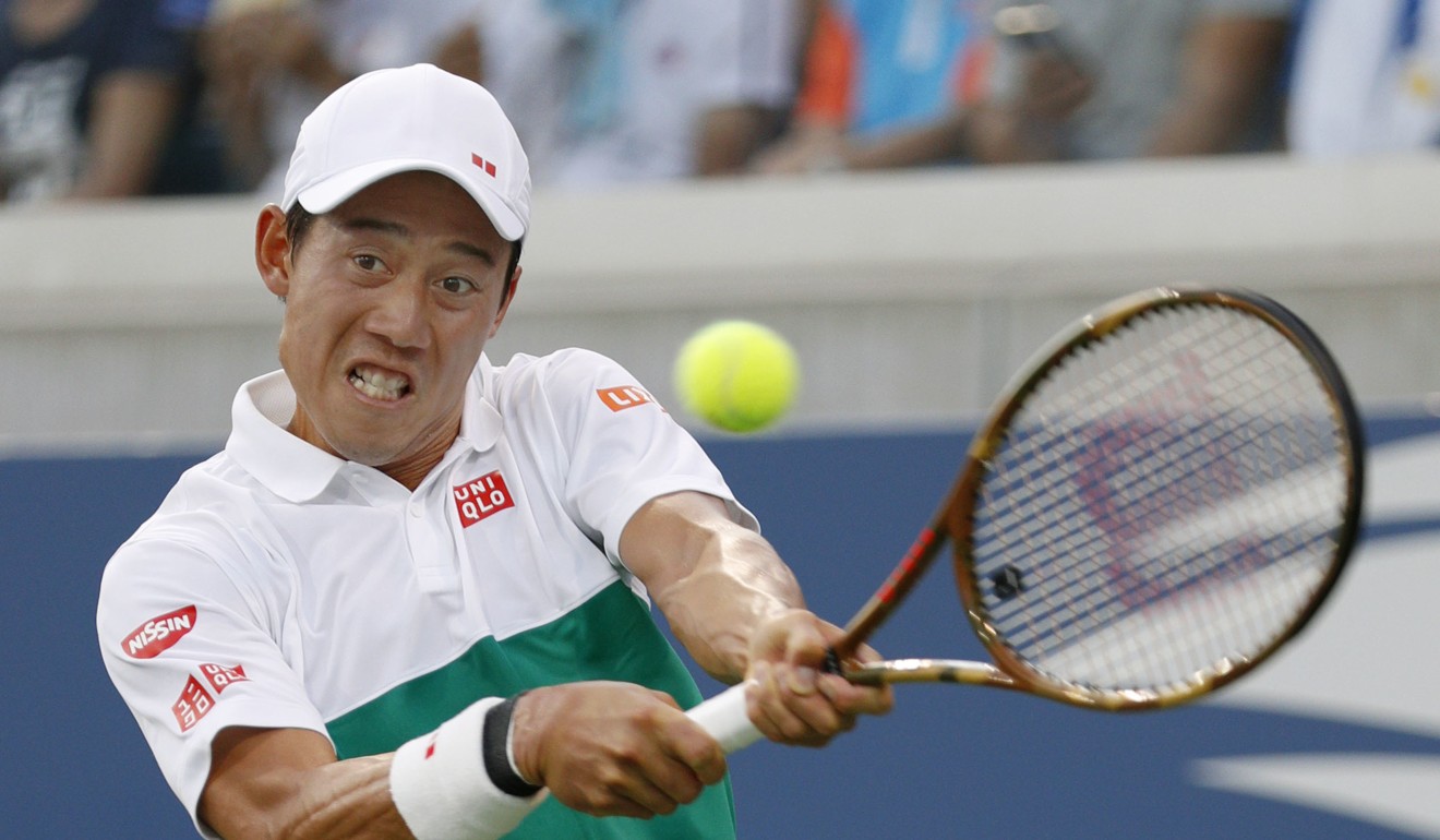 Japan’s Kei Nishikori hits a backhand during the first round at the US Open in New York. Photo: Kyodo