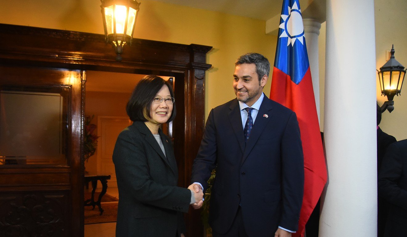 Paraguay’s president-elect Mario Abdo Benitez (right) greets Taiwan's President Tsai Ing-wen at his house in Asuncion earlier this month. Photo: AFP