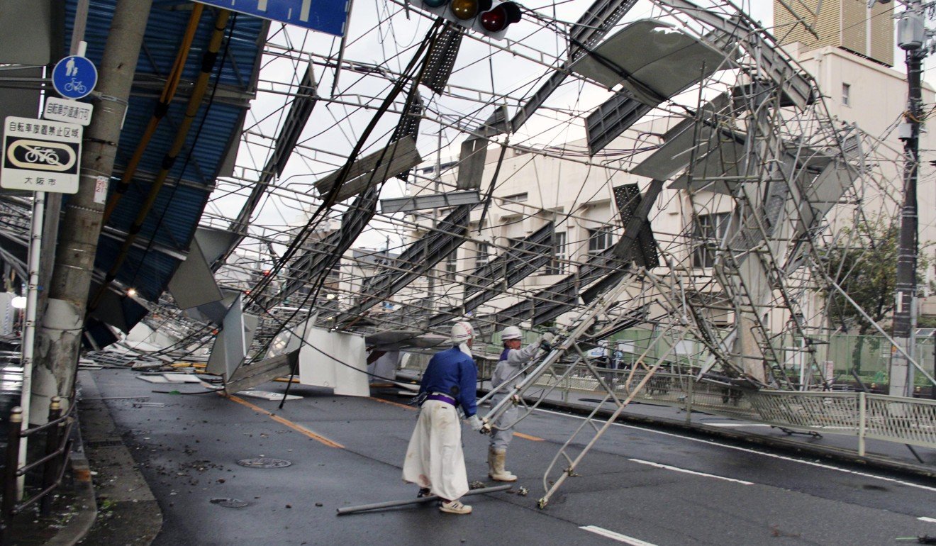 Fallen scaffolding in Osaka. Photo: Kyodo