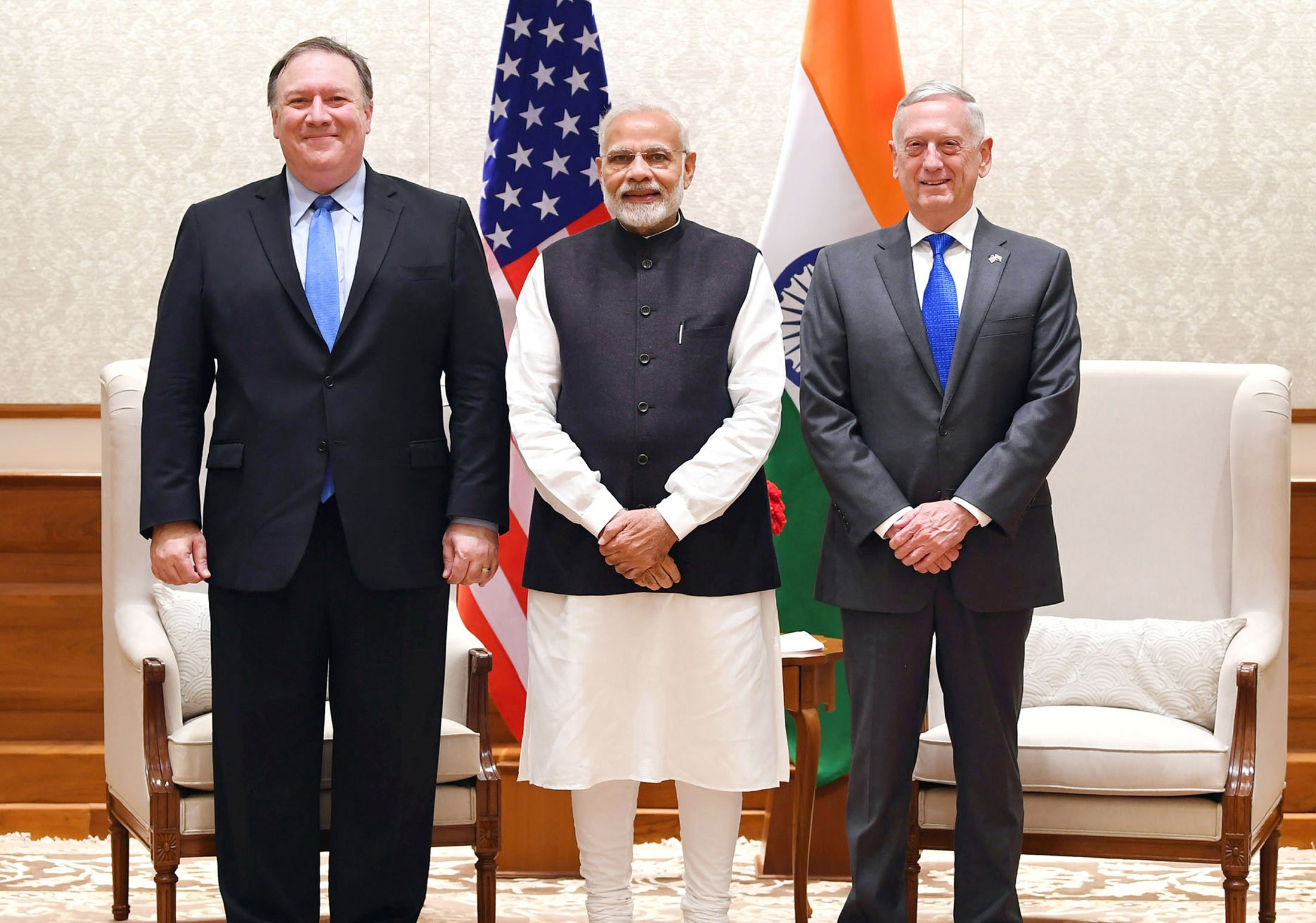 Indian Prime Minister Narendra Modi flanked by US Secretary of State Mike Pompeo and Secretary of Defence James Mattis before a meeting in New Delhi on Thursday. Photo Reuters
