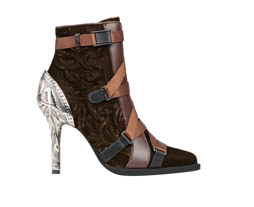 Stiletto boots rendered in jacquard velvet are accented with nylon webbing strapped to tiny leather buckles.