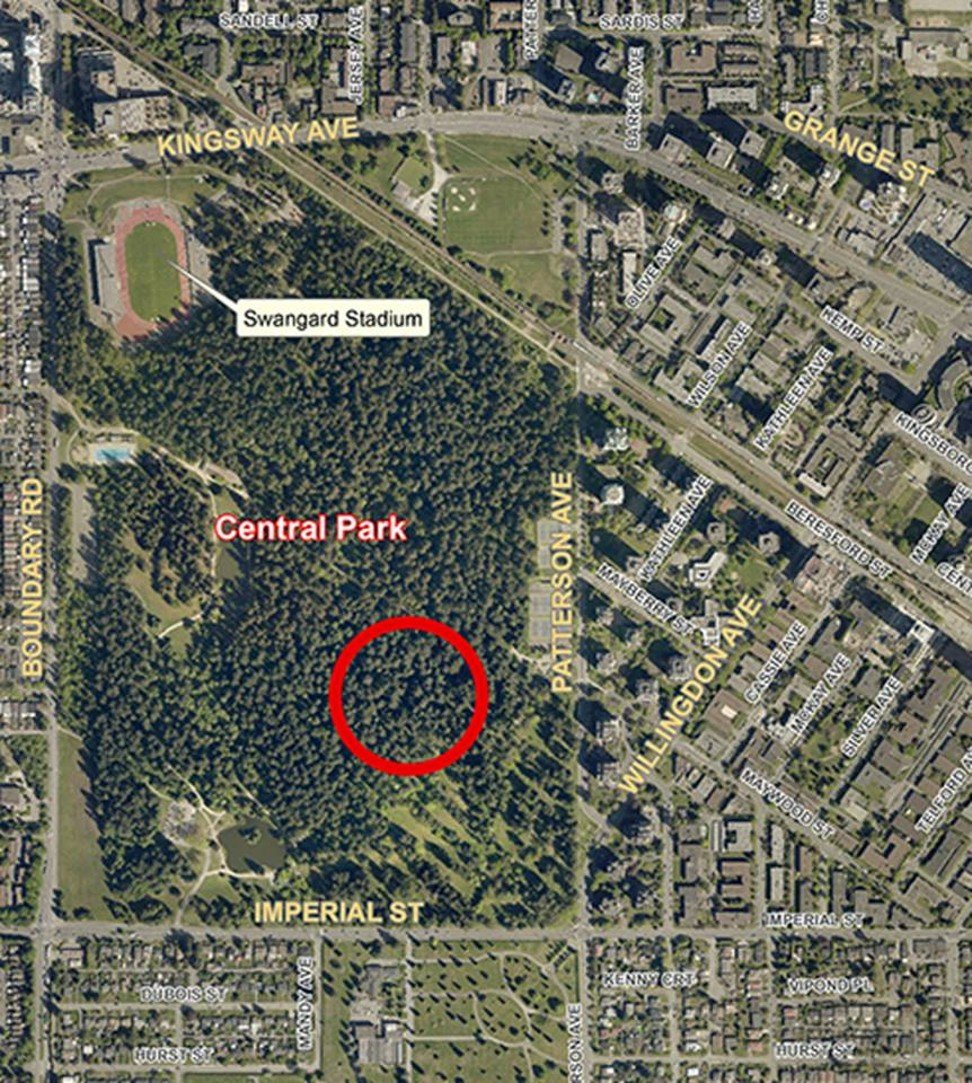 A map of the crime scene in Burnaby's Central Park. Police identified the location where Marrisa Shen's body was found at an unspecified location within the red circle. Photo: IHIT