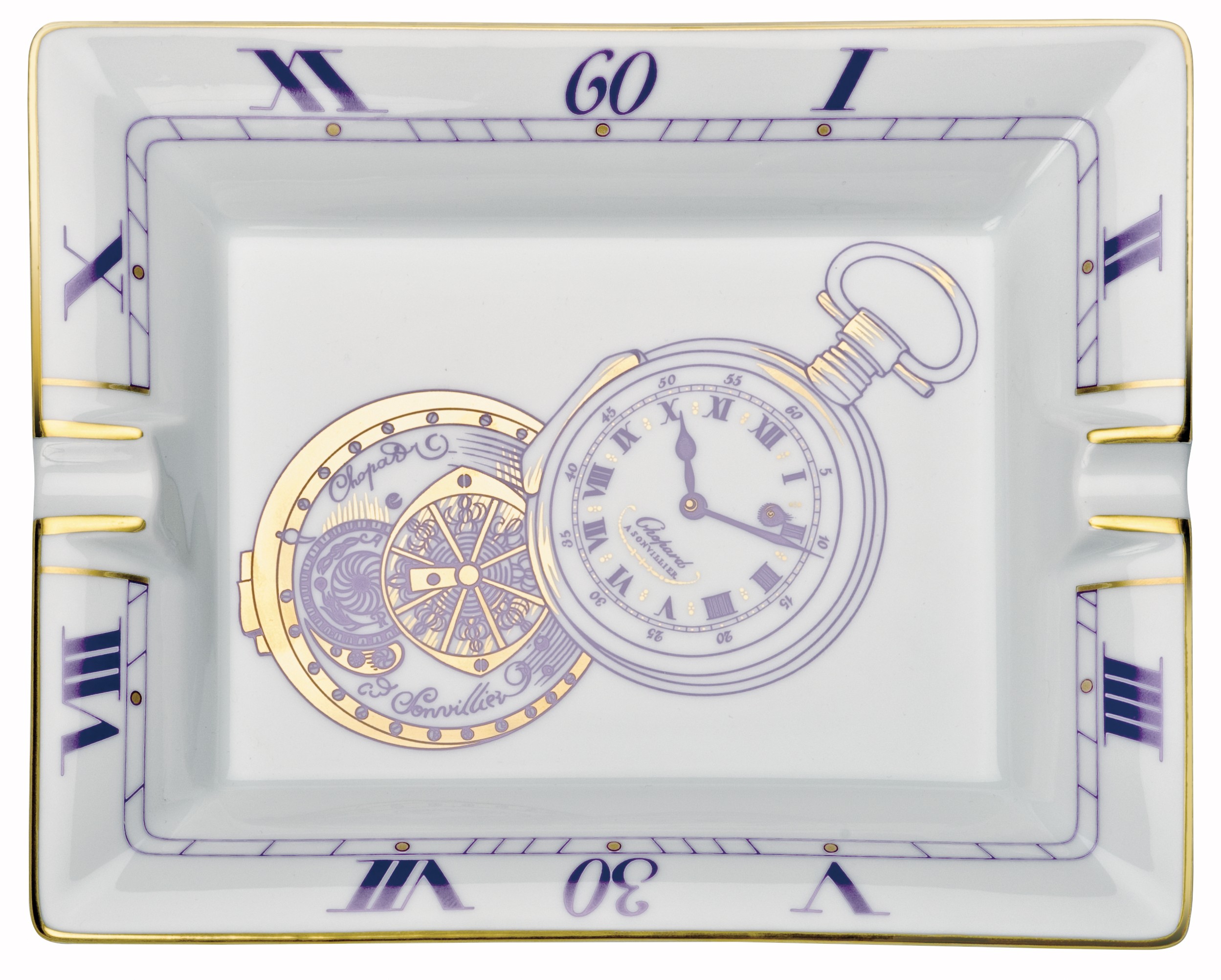 Chopard. The porcelain ashtray has a pocket watch theme with the classic timepiece carved in aubergine and gold. There are Roman numerals around the inner edge. Price on request