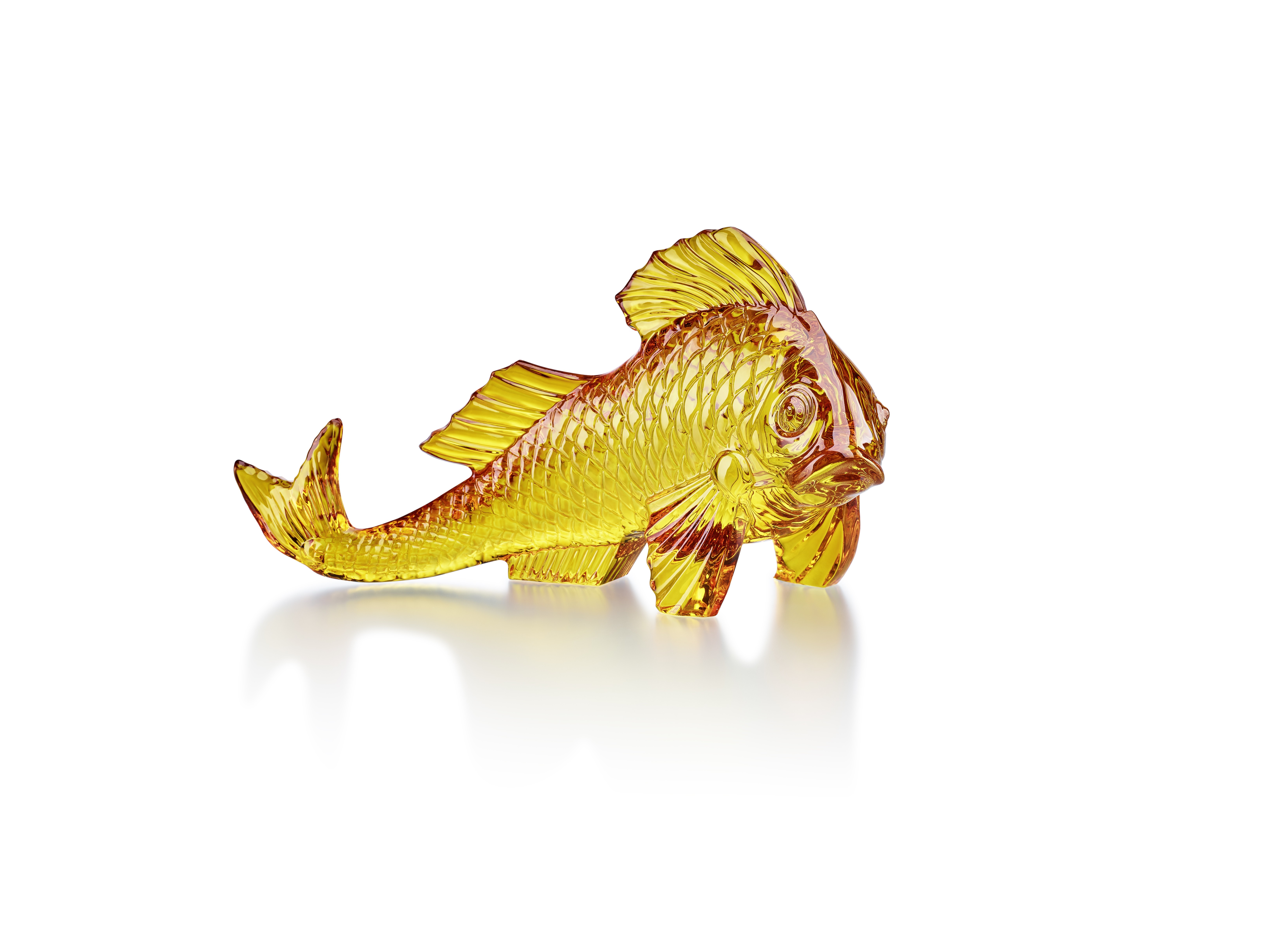 Baccarat. Inspired by Alexander Pushkin’s fairy tale, ‘Tale of the Fisherman and the Little Fish’, the amber crystal carp centrepiece is delicately cut to show the shimmering light of the gold fish. The fish also represents wealth in Chinese culture, HK$23,800