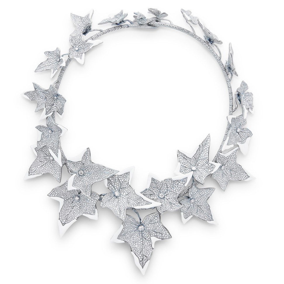 Boucheron Lierre Givré necklace, from the Nature Triomphante collection; set with cacholong (55.30ct), paved with 14,568 round diamonds (68.97ct), on titanium