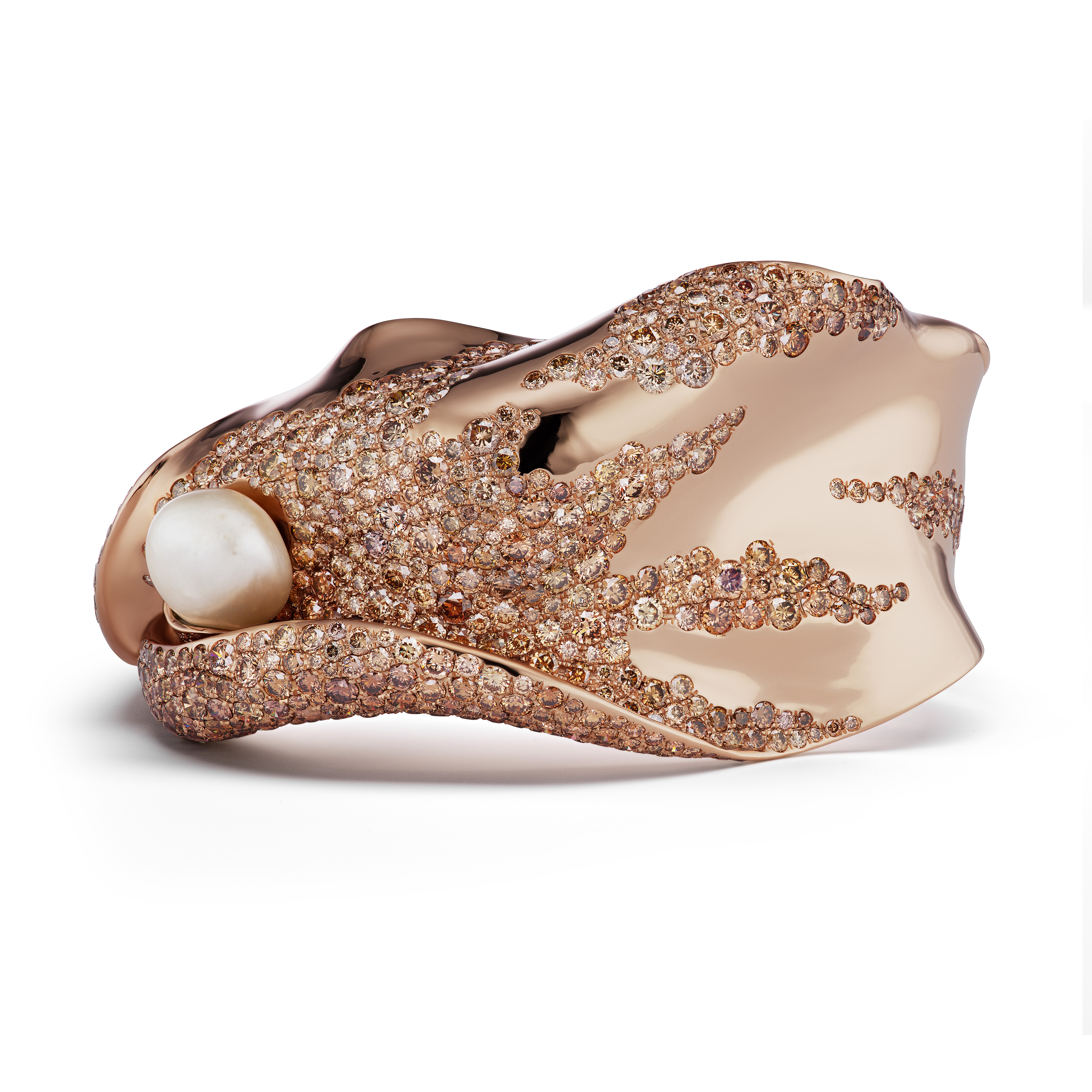 Neha Dani Karesa rose gold cuff with natural freshwater baroque pearl and brown diamonds