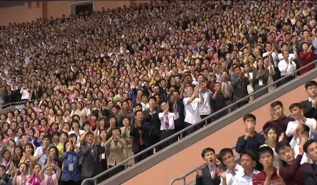 The crowd cheers at Pyongyang's May Day Stadium after South Korean President Moon Jae-in’s speech on Wednesday. Photo: Pyongyang Press Corps via YouTube