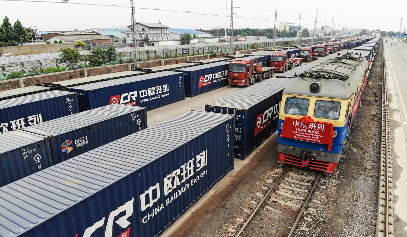 A China Railway Express cargo train leaving for Minsk from Shijiazhuang, in China's northern Hebei province, an example of the belt and road plan. Photo: Xinhua.