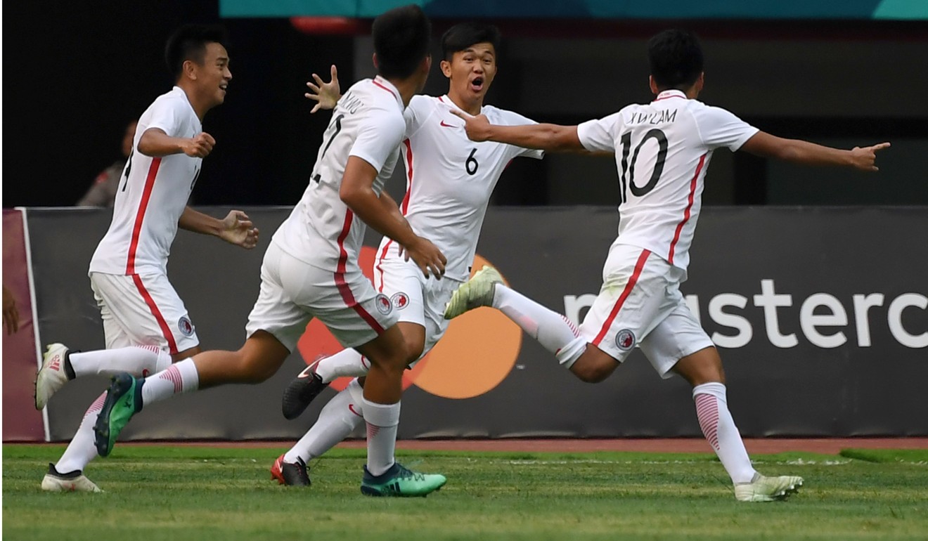 Hong Kong celebrate after scoring against Palestine at the 2018 Asian Games. Photo: AFP
