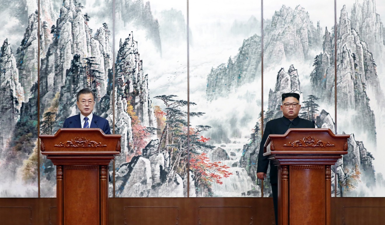 South Korean President Moon Jae-in, left, and North Korean leader Kim Jong-un at the Paekhwawon State Guesthouse in Pyongyang, North Korea. Despite Moon’s claims that Kim is making specific steps toward denuclearisation, North Korea’s Foreign Minister says, ‘there is no way we will unilaterally disarm ourselves’. Photo: AP