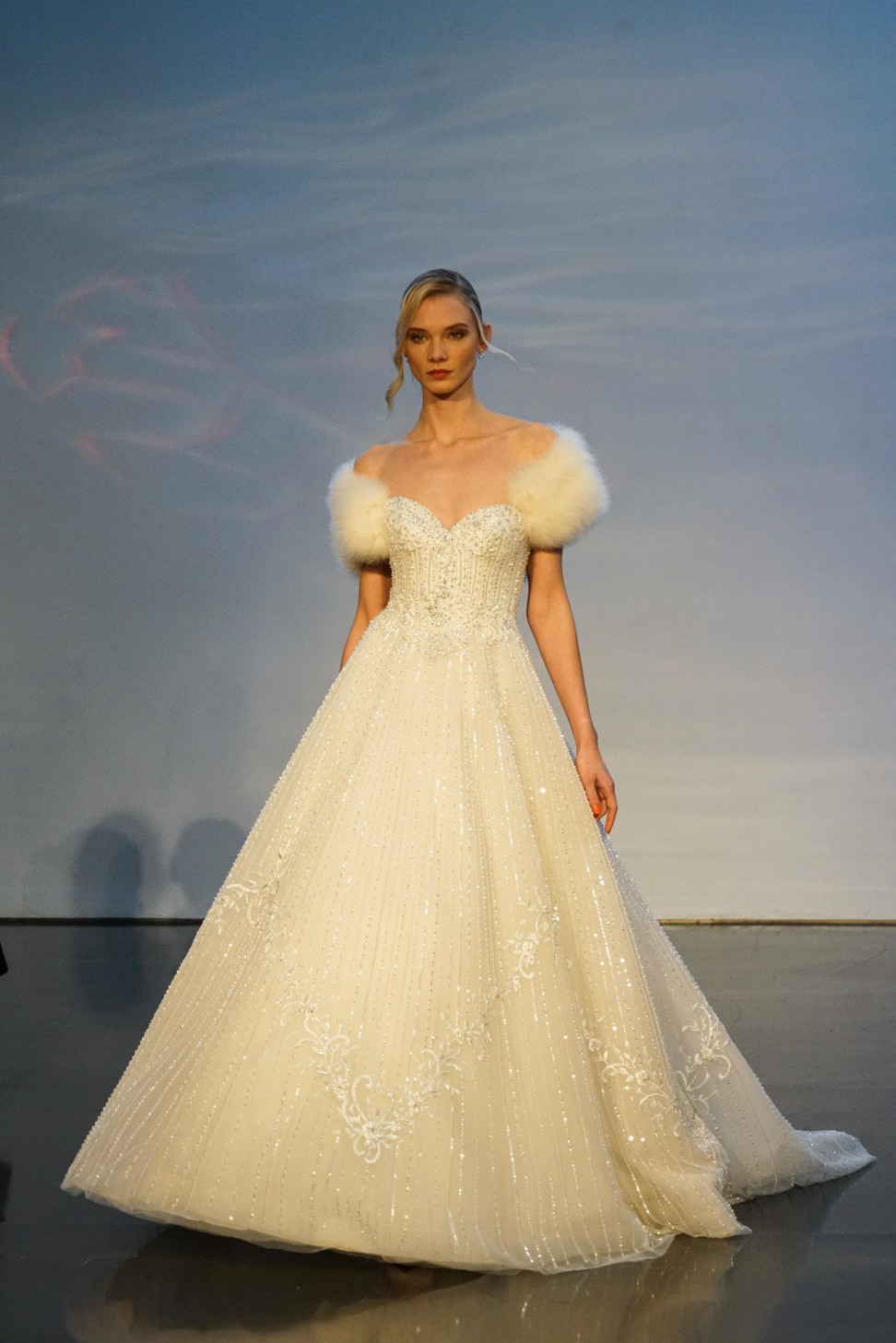 A model presents a fancy creation from Justin Alexander during the New York Bridal Fashion Week. Photo: Xinhua