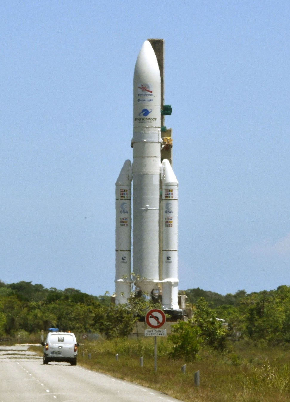 An Ariane-5 rocket is transported to its launch site at the Guiana Space Centre in Kourou. Photo: Kyodo