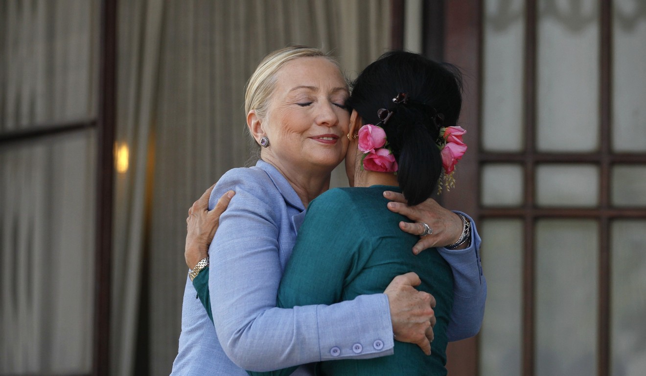 Then US secretary of state Hillary Clinton embracing Suu Kyi as they meet at her house in Yangon in December 2011. Photo: Reuters