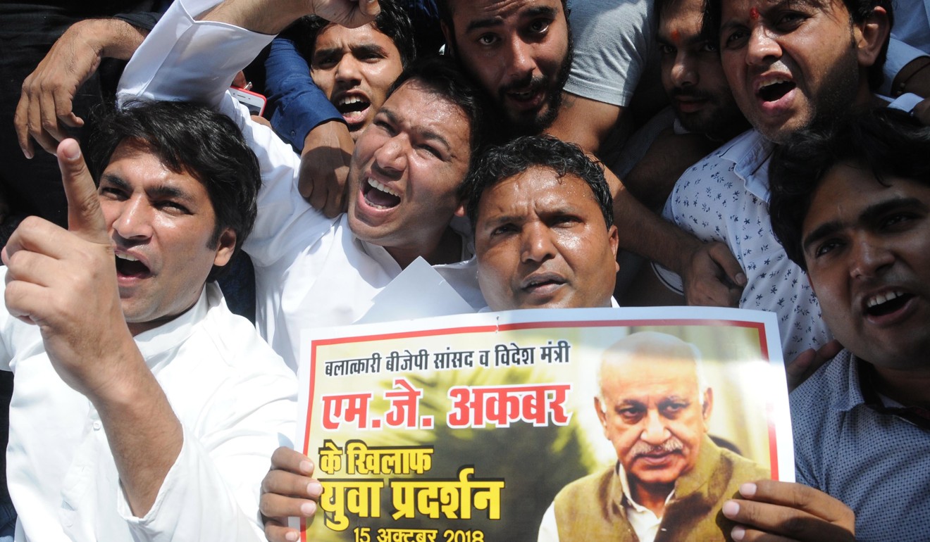 A protest in New Delhi against India’s former junior foreign minister M.J. Akbar for his alleged sexual misconduct and harassment of journalists. Photo: EPA