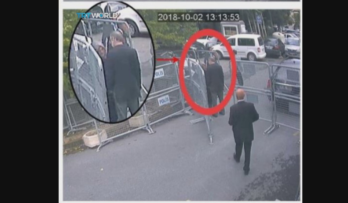Jamal Khashoggi talking to his fiancée Hatice Cengiz, seen in expanded view, before entering the Saudi consulate in Istanbul. Photo: TRT World via AP