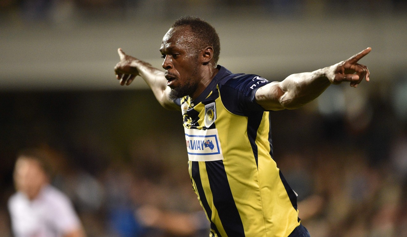 Usain Bolt celebrates scoring a goal for A-League club Central Coast Mariners. Photo: AFP