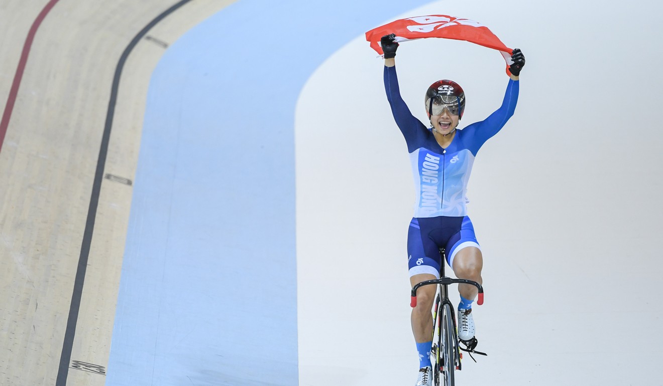 Sarah Lee Wai-sze celebrates after the keirin final at the Asian Games in Jakarta, Indonesia. Photo: Xinhua