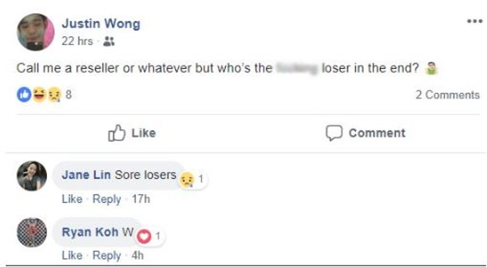An image of Facebook user Justin Wong’s reply to criticism over the sale of a BTS concert ticket. Photo: Twitter/Pacifist97