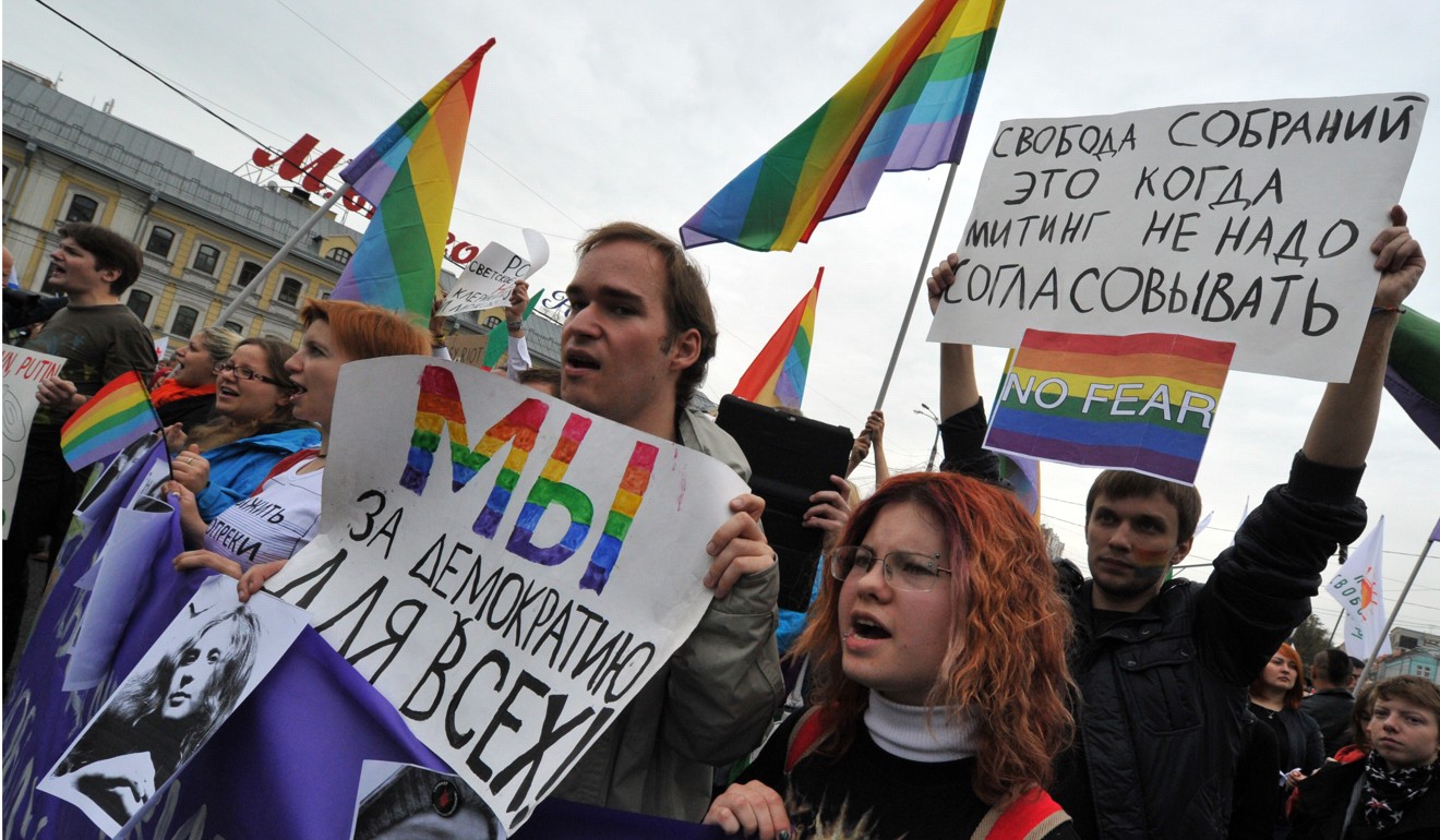 Gay rights activists take part an anti-Putin protest in Moscow in September 2012 – the first mass action since the sentencing of three members of Pussy Riot to two years in prison for an anti-Putin protest in an Orthodox cathedral that year. Photo: AFP