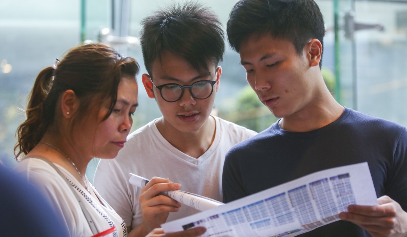 Potential buyers look at flat specifications at the launch of Sun Hung Kai Properties’ Mount Regency project at the International Commerce Centre in West Kowloon on May 12. The high cost of housing means most young people are priced out of the market. Photo: Xiaomei Chen