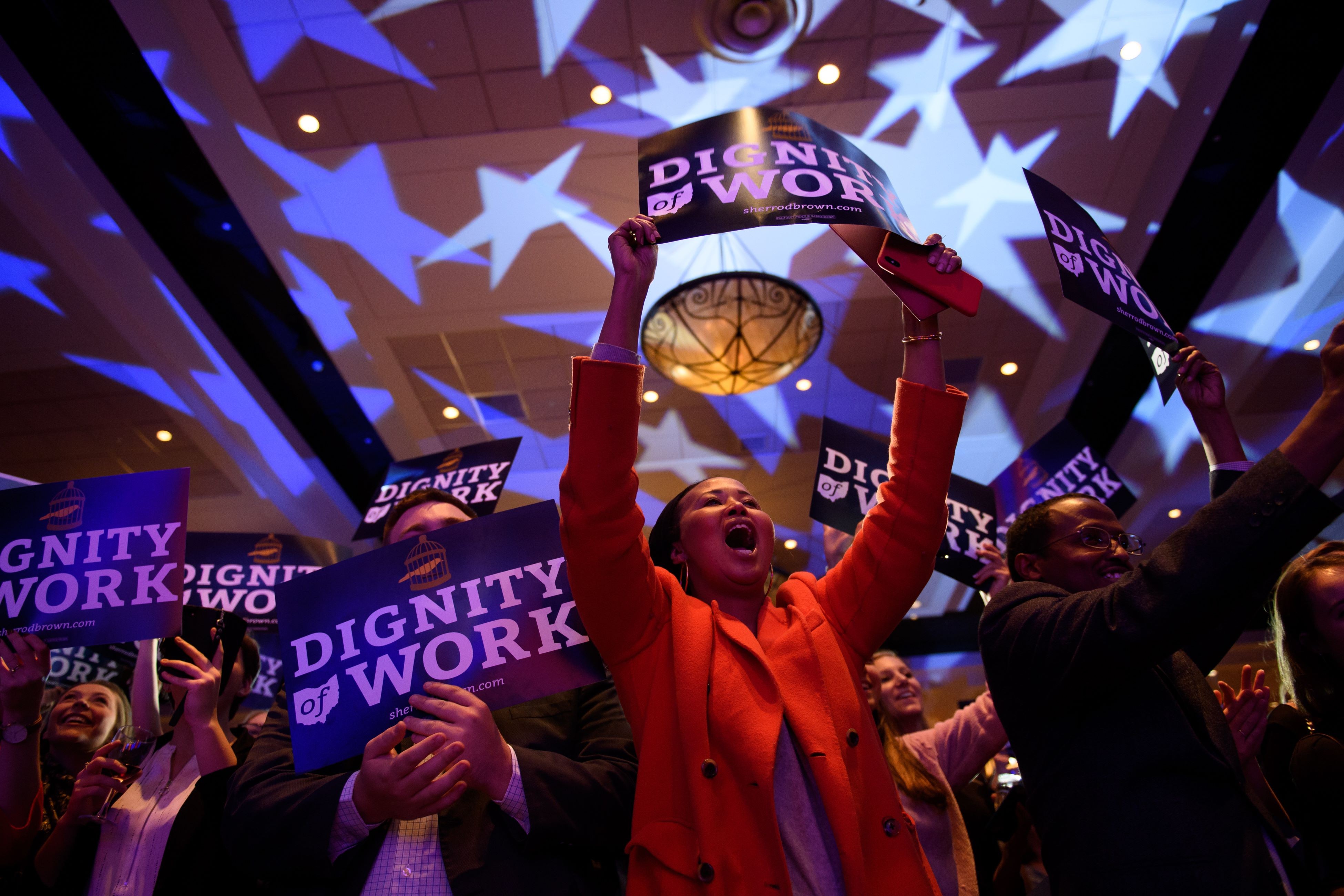 Supporters of US Senator Sherrod Brown celebrate his campaign victory on November 6, 2018 in Columbus, Ohio. Democrats claimed a slim majority in the House of Representatives, but Republicans retained their control of the Senate. Photo: AFP