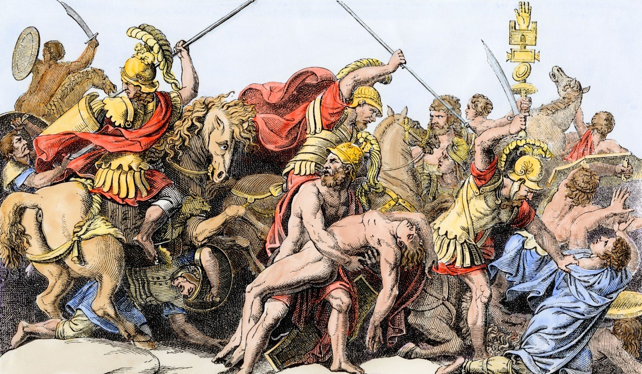 Greeks and Trojans around the body of Patrocles in a traditional depiction of the mythic Trojan War. Graphic: Supplied