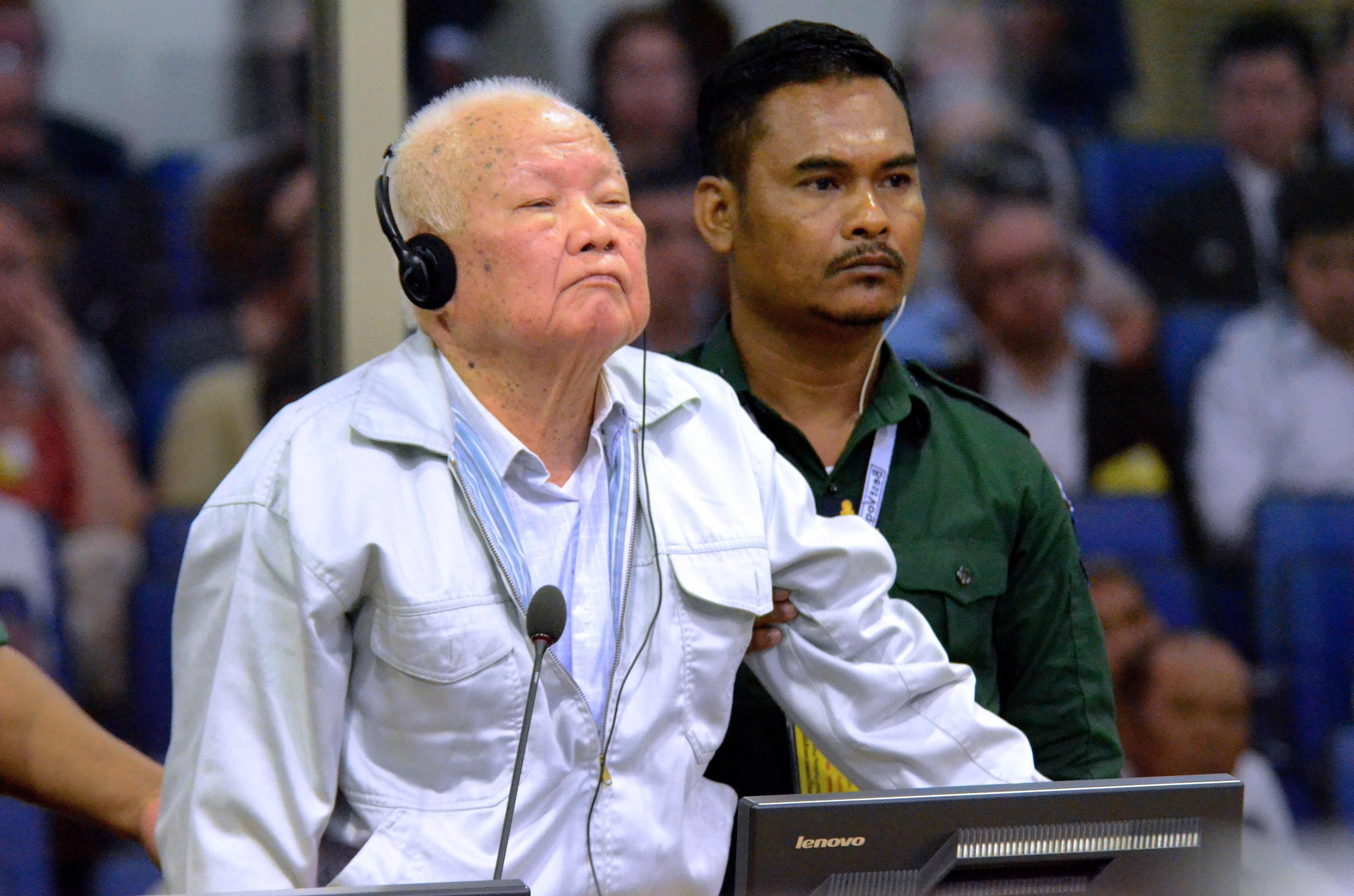 Khmer Rouge leader Khieu Samphan listens to his verdict at the Extraordinary Chambers in the Courts of Cambodia in Phnom Penh on Friday. Photo: AFP