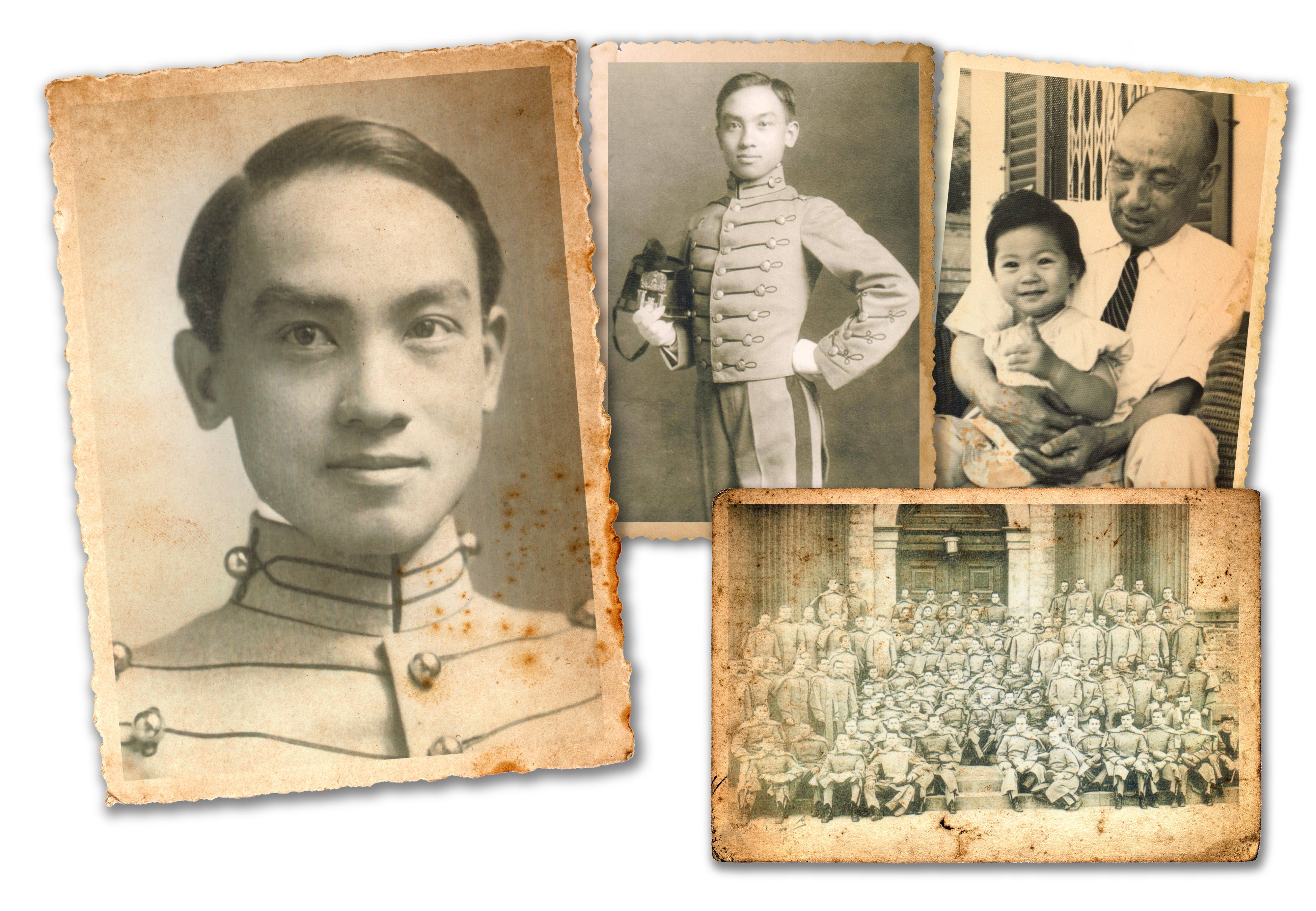 Ying Hsing Wen in cadet uniform (left and centre); with his granddaughter Harriet Tung (right), and a West Point class photograph taken in 1909. Photo: Handout