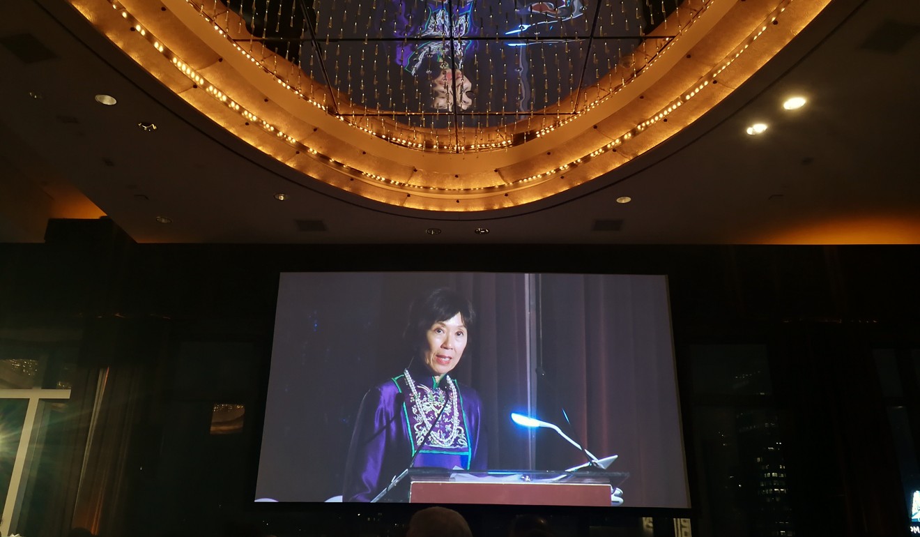 Harriet Tung speaking at the Museum of Chinese in America gala on Thursday in New York. She accepted the museum’s Generational Legacy Award on behalf of her grandfather Ying Hsing Wen. Photo: Owen Churchill