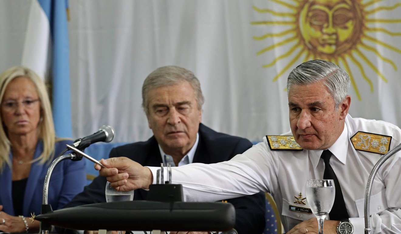 Argentine Navy Chief Jose Luis Villan (R) speaks next to Navy Secretary Graciela Villata and Argentine Defence Minister Oscar Aguad (C), during a press conference. Photo: AFP
