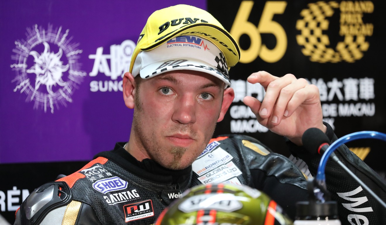 Peter Hickman speaks to the press after winning the Macau Motorcycle Grand Prix. Photo: KY Cheng