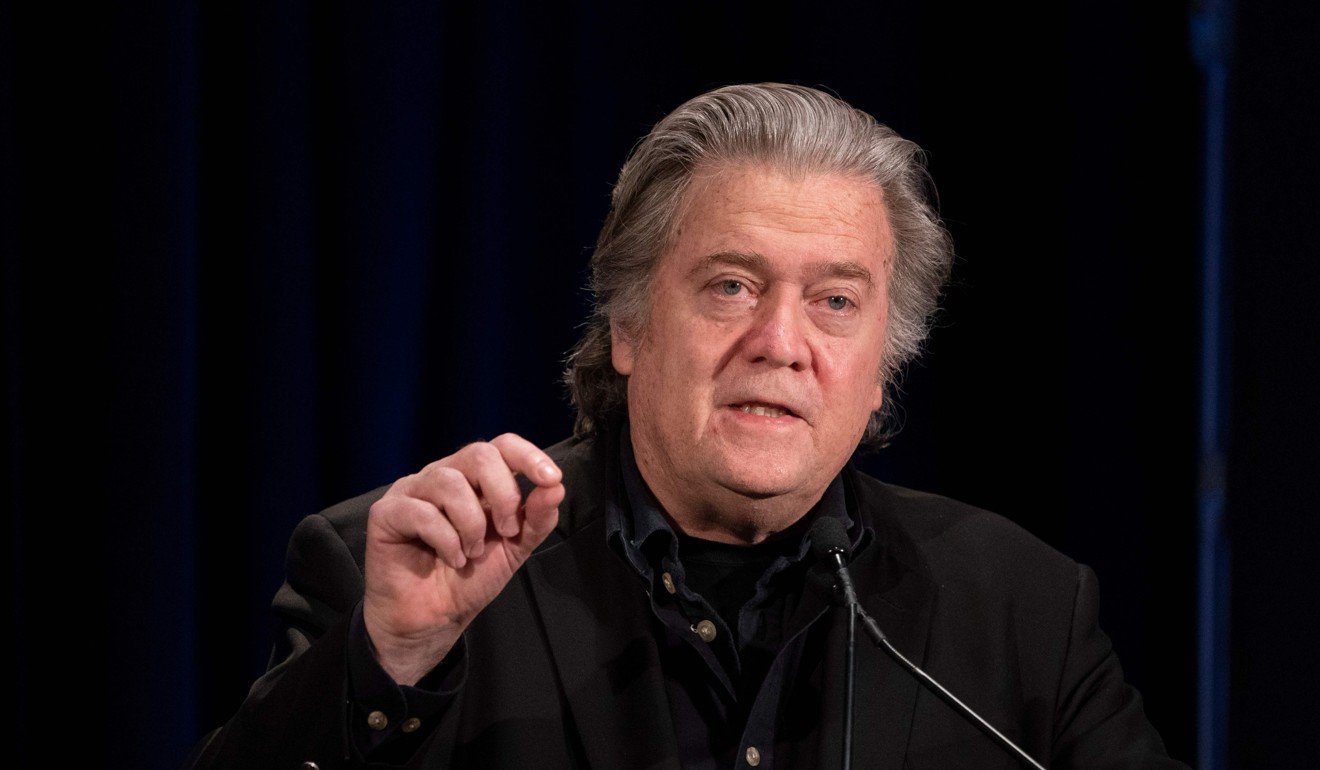 Steve Bannon introduces Guo Wengui at a news conference on Tuesday. Photo: AFP
