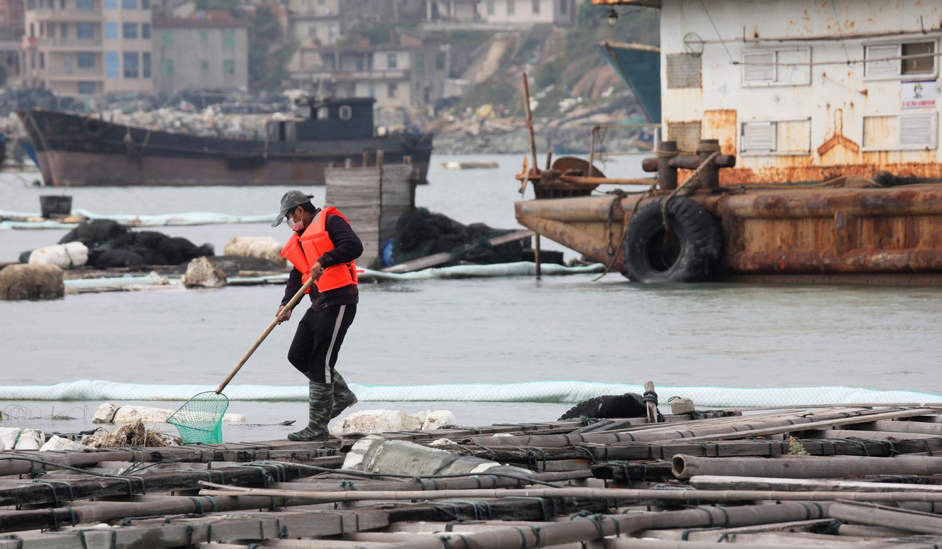 Villagers were hired to clean the sea water in Quanzhou after the chemical spill but complain that few safety precautions have been taken to protect cleaners. Photo: Xiaomei Chen