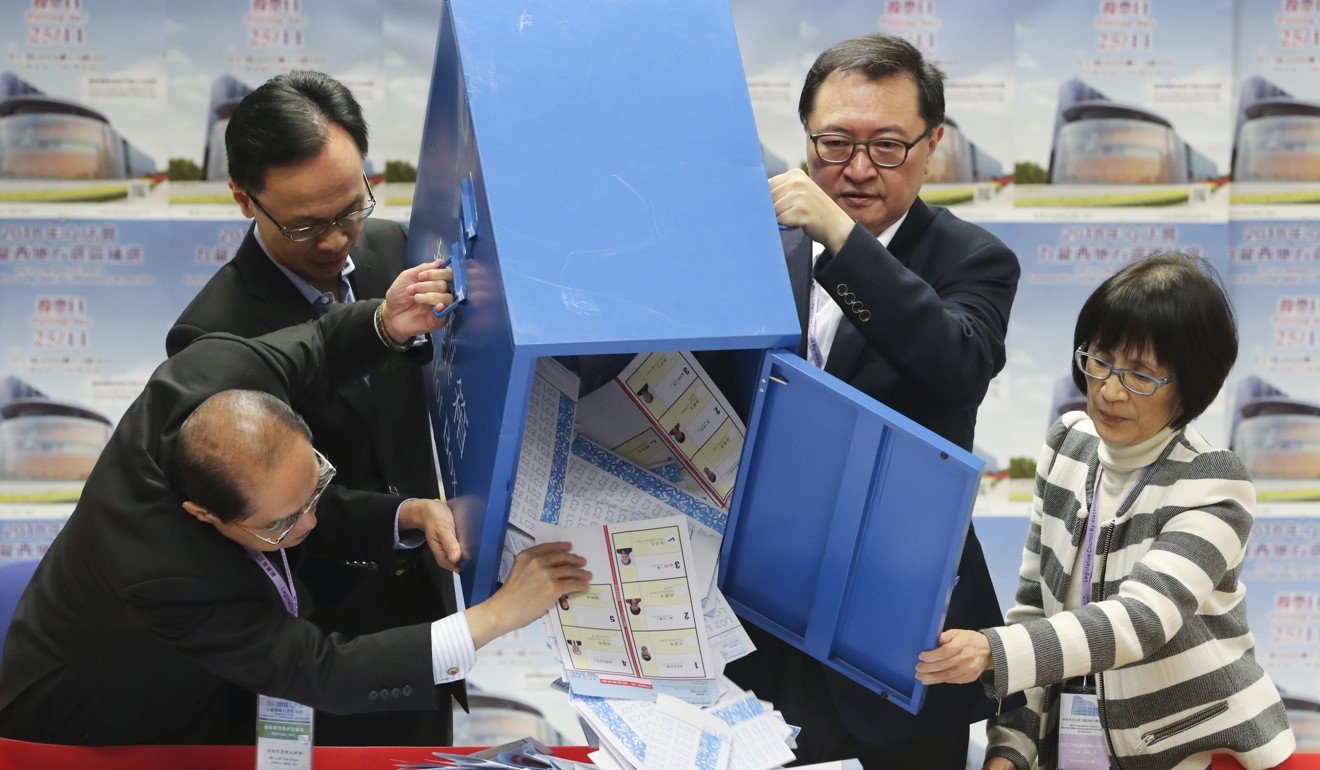 Secretary for Constitutional and Mainland Affairs Patrick Nip Tak-kuen (back left) and the Electoral Affairs Commission chairman Justice Barnabas Fung Wah (back right), open ballot boxes at a counting station in Kowloon Tong. Photo: Sam Tsang