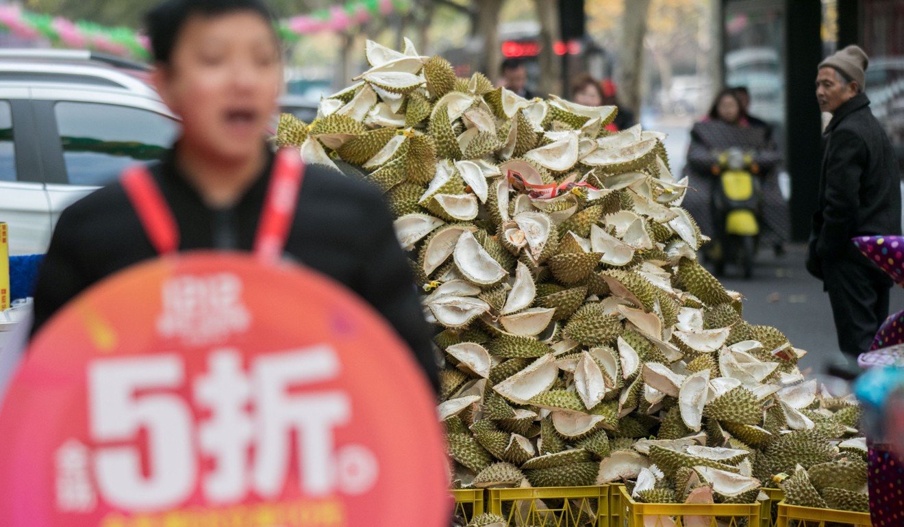 A mound of durian husks outside a fruit store during a shopping festival sale, in Hangzhou, Zhejiang Province, China. Image: Reuters