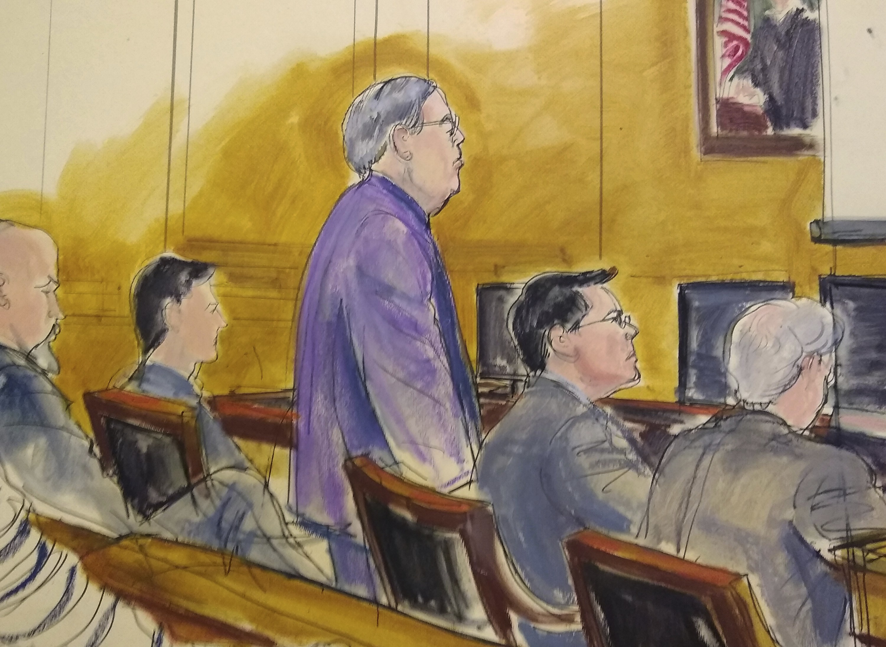 A courtroom sketch shows former Hong Kong minister Patrick Ho (standing) during jury selection for his bribery trial. Photo: AP
