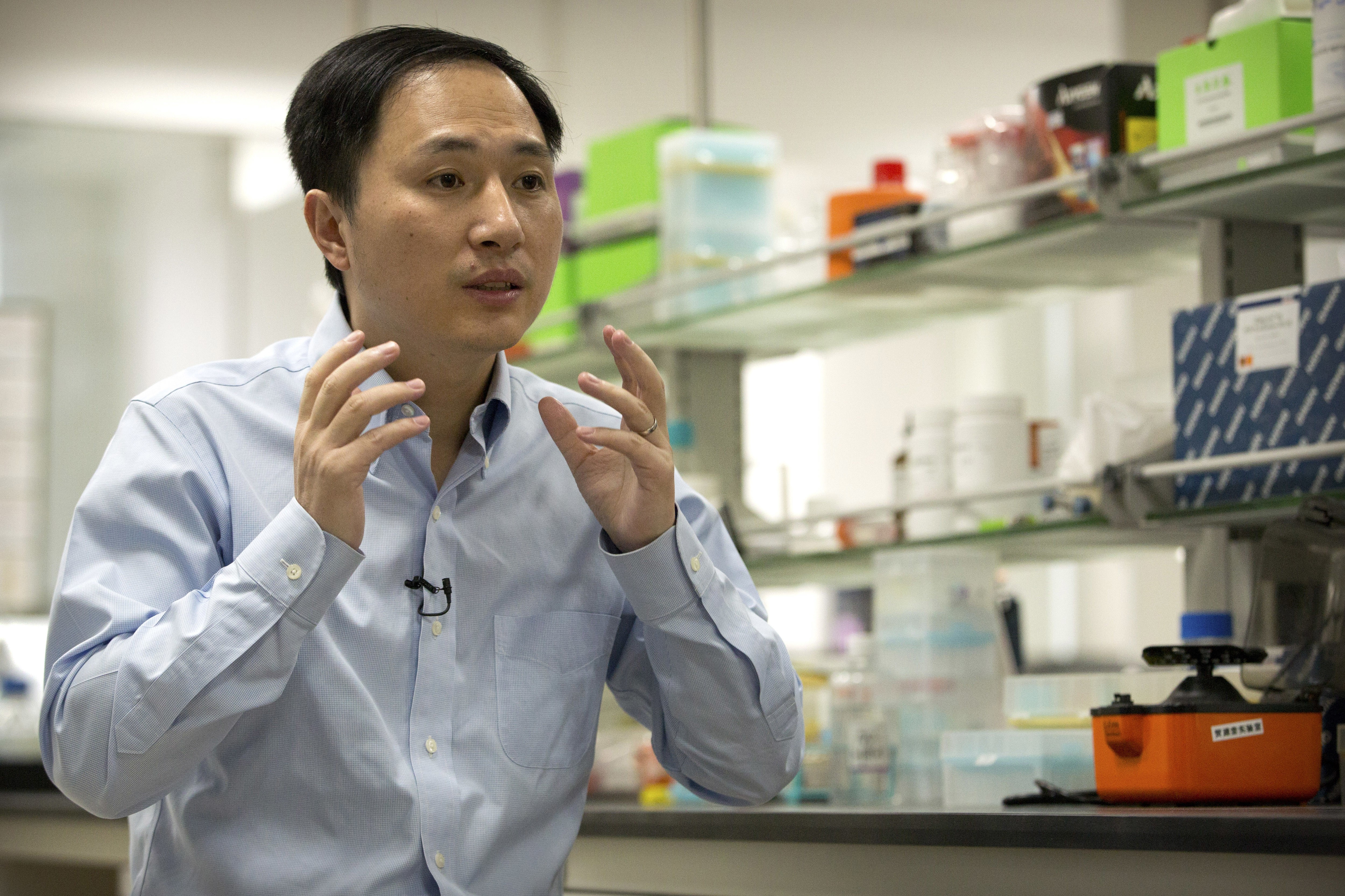 He Jiankui explains his research during an interview at a laboratory in Shenzhen in October. He revealed to the organisers of an international conference in Hong Kong on November 26 that he helped make the world’s first genetically edited babies to prevent them from being infected with HIV. Photo: AP