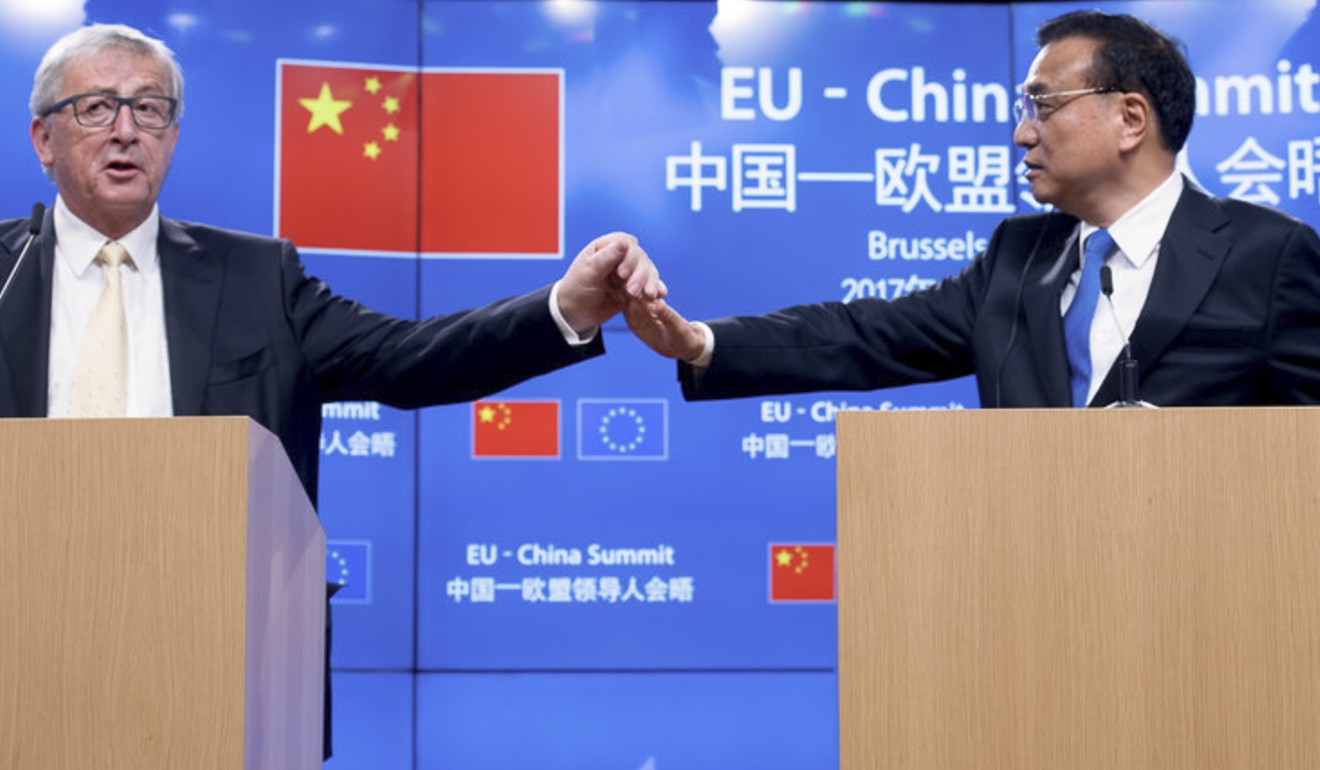 EU Commission president Jean-Claude Juncker (left) and China’s premier, Li Keqiang, at the end of a 2017 summit. Photo: European Union