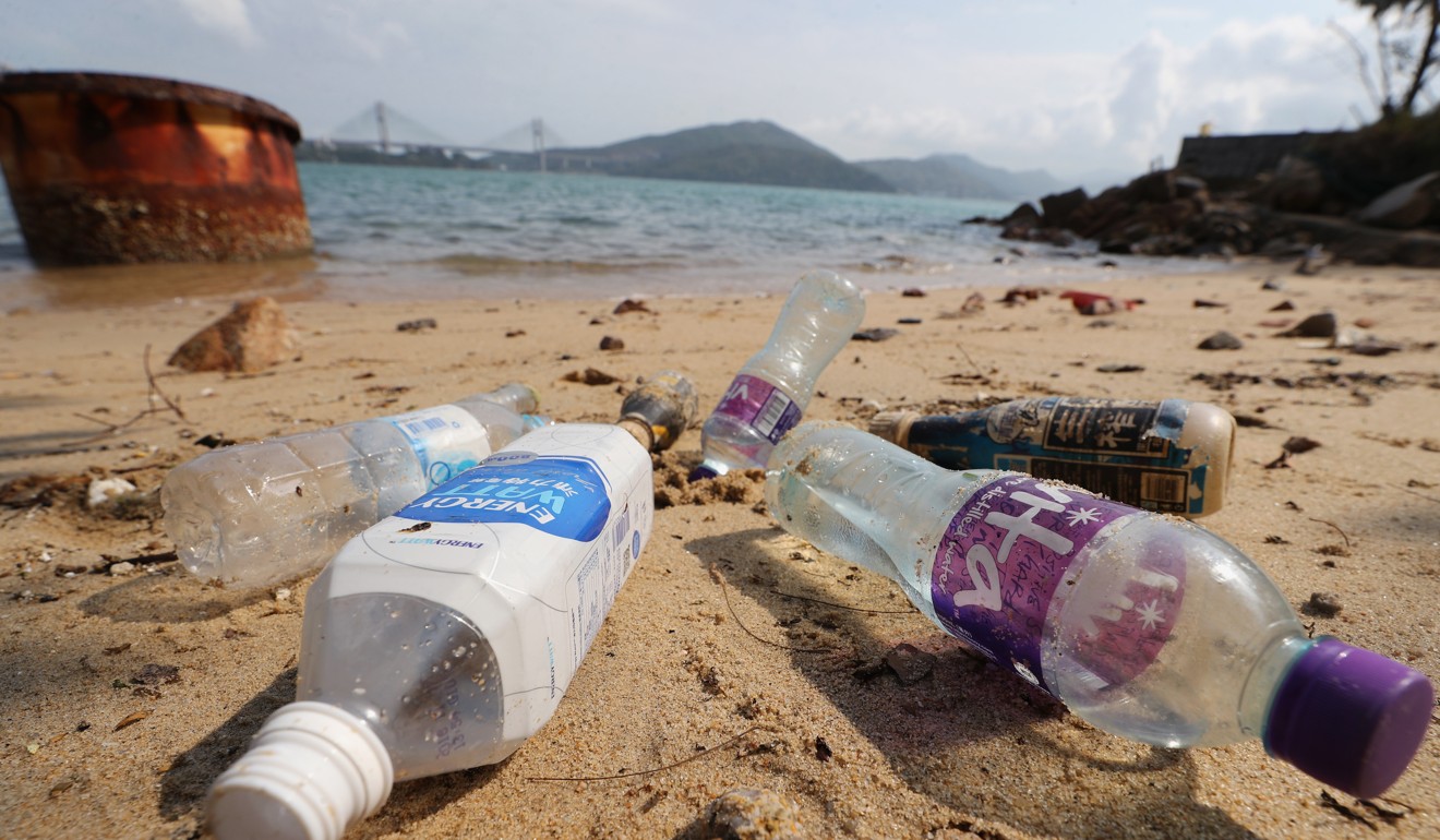Plastic bottles on a beach in Sham Tseng. Last year, about 1.7 billion waste beverage containers were dumped into the city’s overflowing landfills or scattered over land or in the sea, two-thirds of which were plastic bottles and one-fifth drink cartons. Photo: Winson Wong