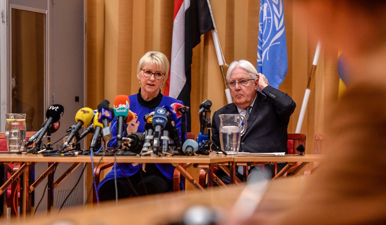 Swedish Foreign minister Margot Wallstrom (left) and UN envoy to Yemen Martin Griffiths (right) attend the opening session of the Yemen peace talks at Johannesberg castle north of Stockholm, Sweden, 06 December. The UN-brokered talks in Rimbo between Yemen's government and the Houthi rebels will be the first since 2016. Photo: EPA-EFE