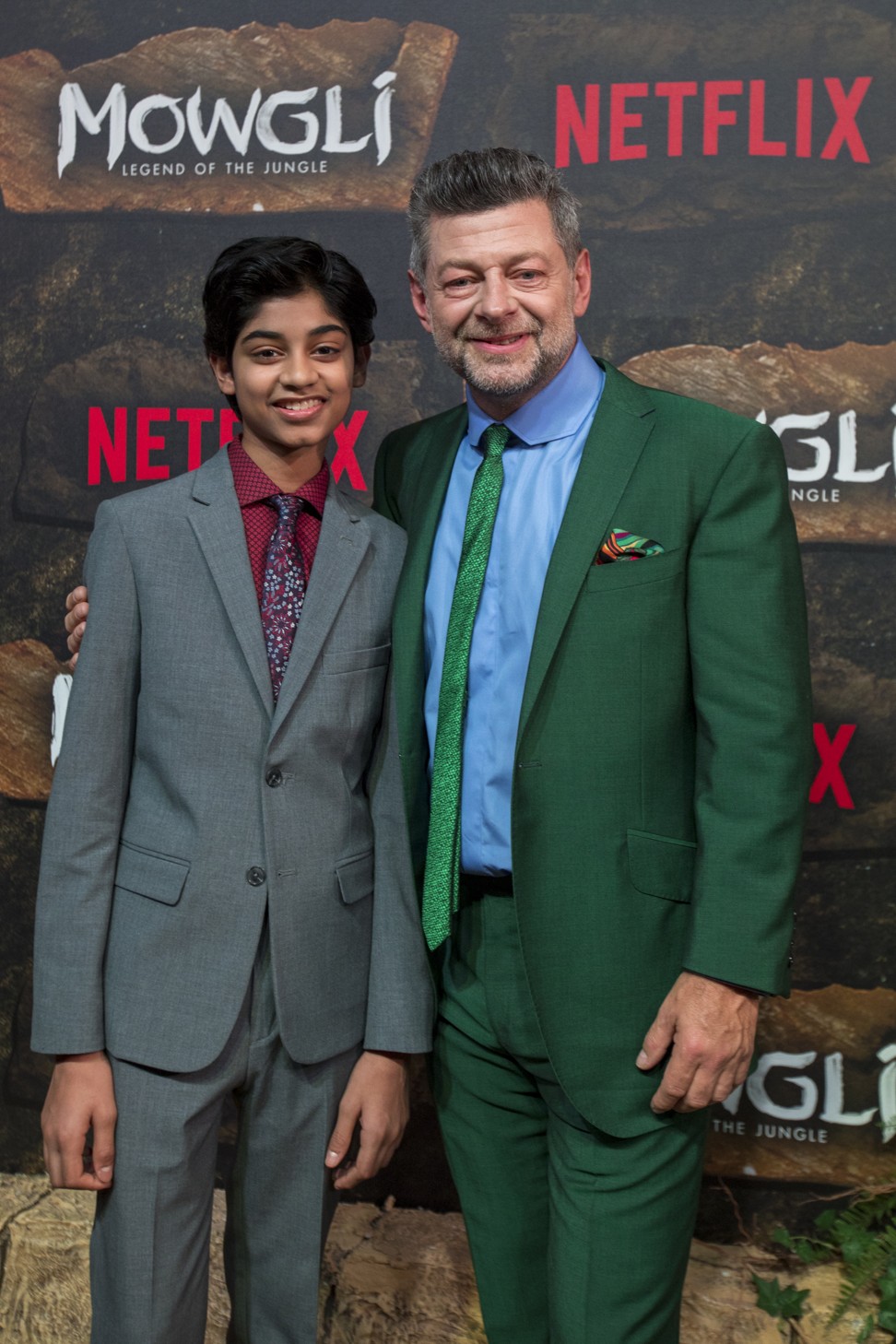 Serkis with Chand at the world premiere of Mowgli in Mumbai on November 25. Photo: Ritam Banerjee/Netflix