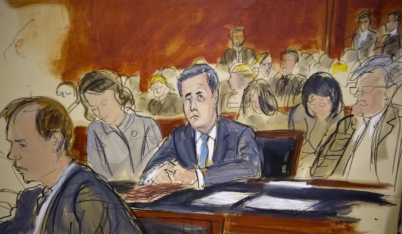 In this courtroom sketch, Michael Cohen (centre) listens during his sentencing hearing on Wednesday. Graphic: AP