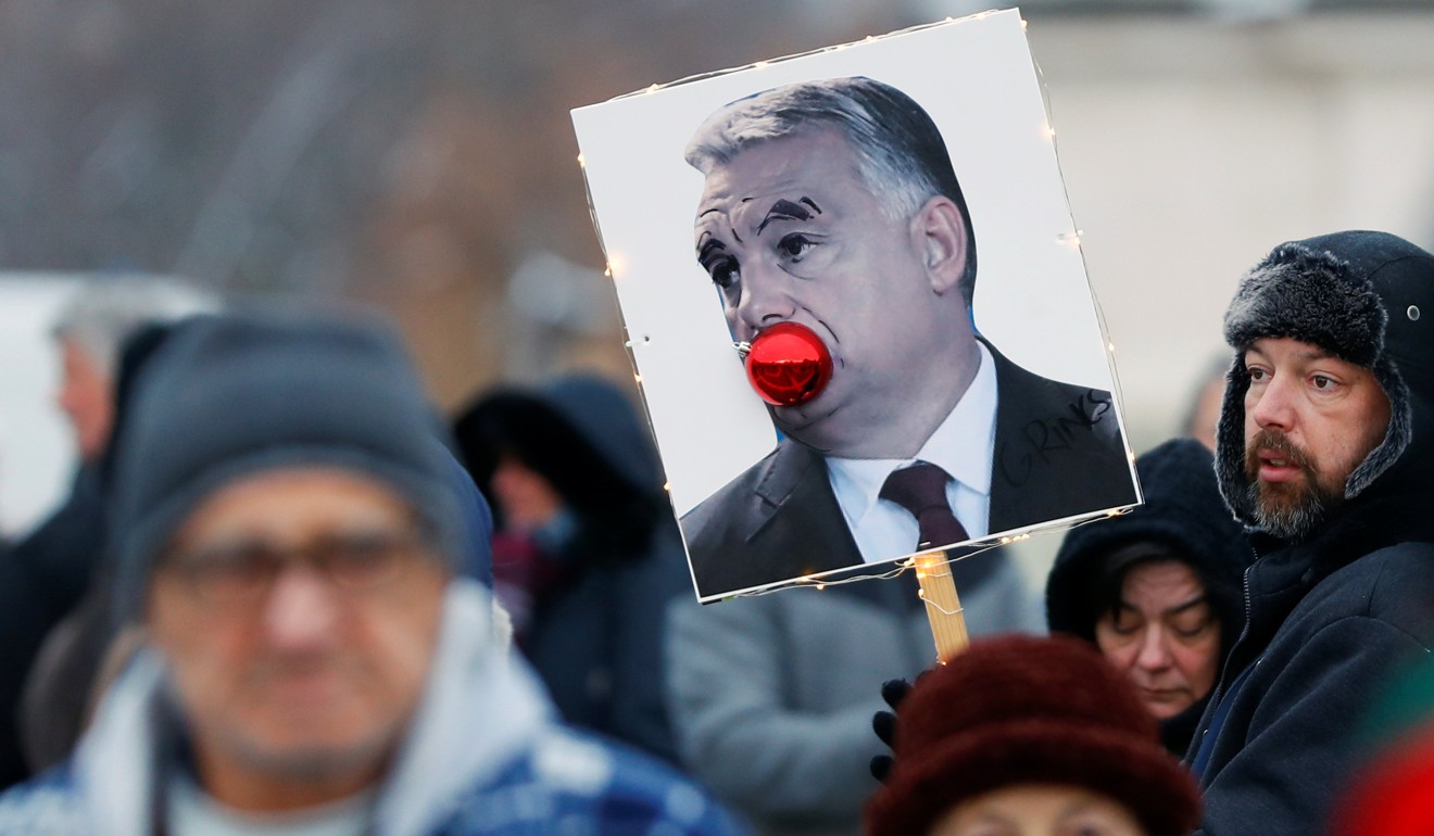 A placard depicting Hungarian Prime Minister Viktor Orban. Photo: Reuters