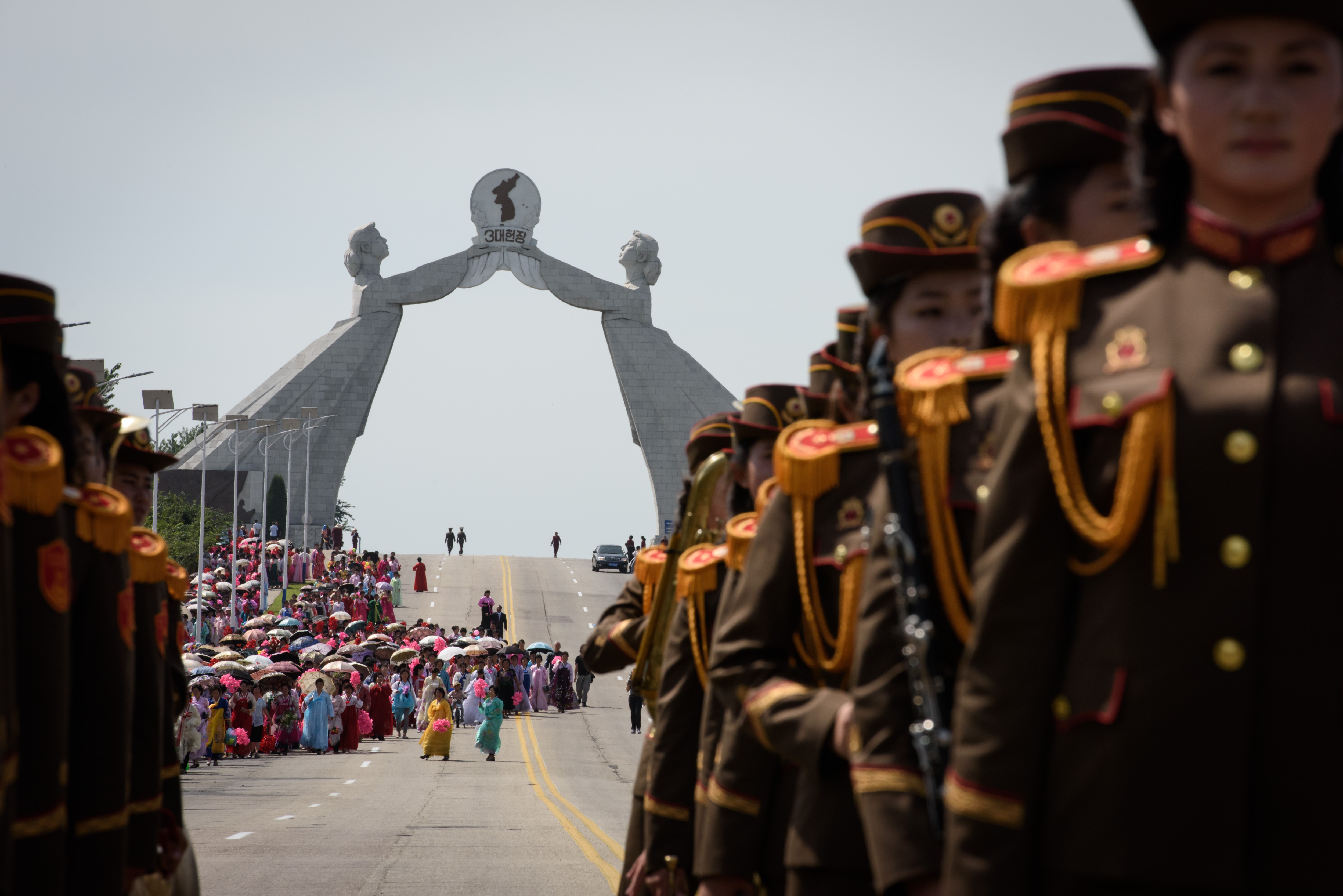 A Korean People’s Army band at the Three Charters Monument on the outskirts of Pyongyang. Photo: AFP